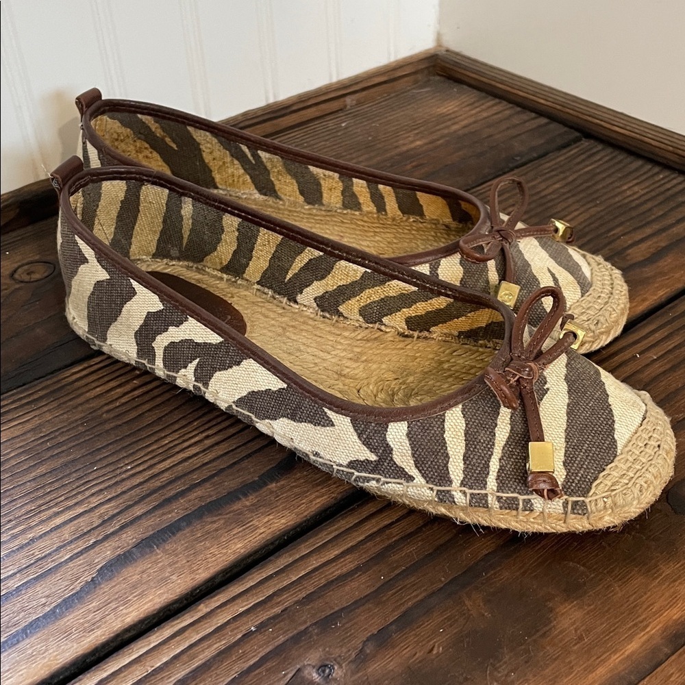 Michael Kors Brown and Tan Zebra Print Espadrille Flats with Bow